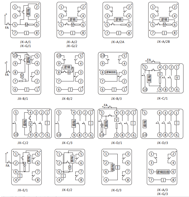 JX-C/1靜態(tài)信號(hào)繼電器內(nèi)部接線及外引接線圖（正視圖）
