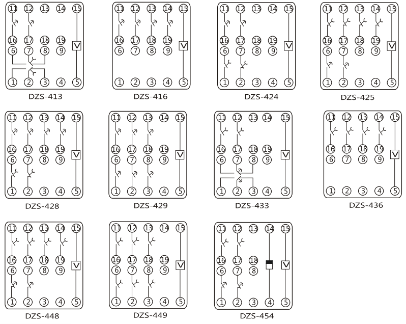DZY(J)-404中間繼電器內(nèi)部端子外引接線圖(正視) DZY(J)-404中間繼電器內(nèi)部端子外引接線圖(正視)