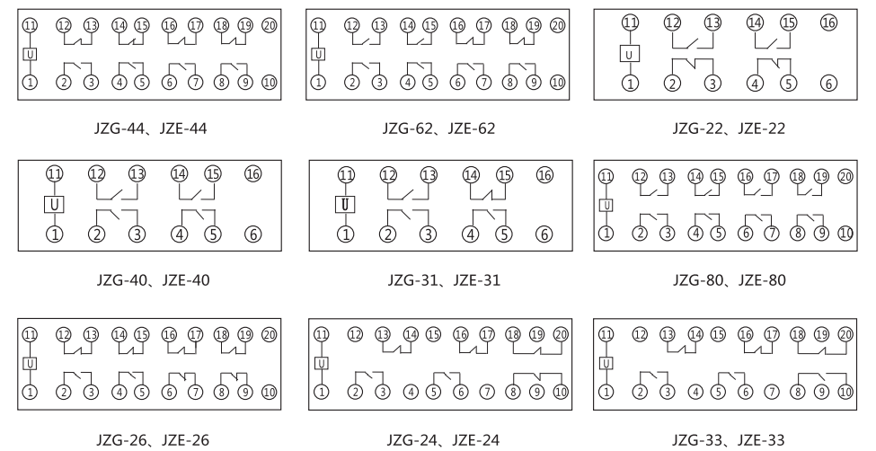 JZG-44卡軌式靜態(tài)中間繼電器內(nèi)部端子外引接線圖 JZG-44卡軌式靜態(tài)中間繼電器內(nèi)部端子外引接線圖