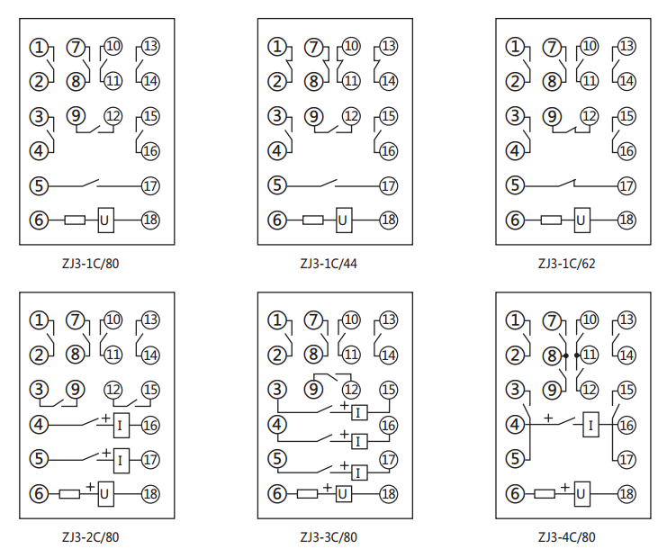 ZJ3-1C/80快速中間繼電器內部接線圖及外引接線圖(正視圖)